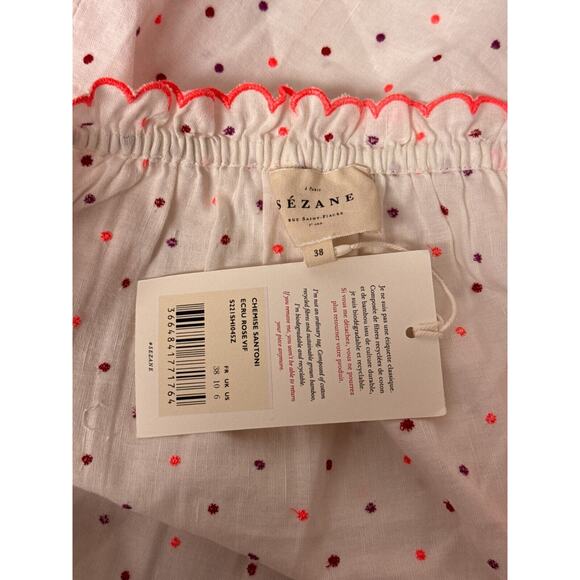 New Sezane Top 38 / US Medium Women Polka Dot Embroidered Linen Off The Shoulder - Picture 7 of 8